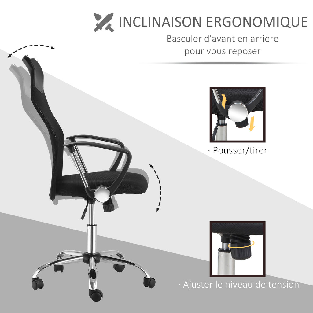 Lot de 2 fauteuils de bureau manager dossier ergonomique hauteur assise réglable pivotant tissu maille noir-5