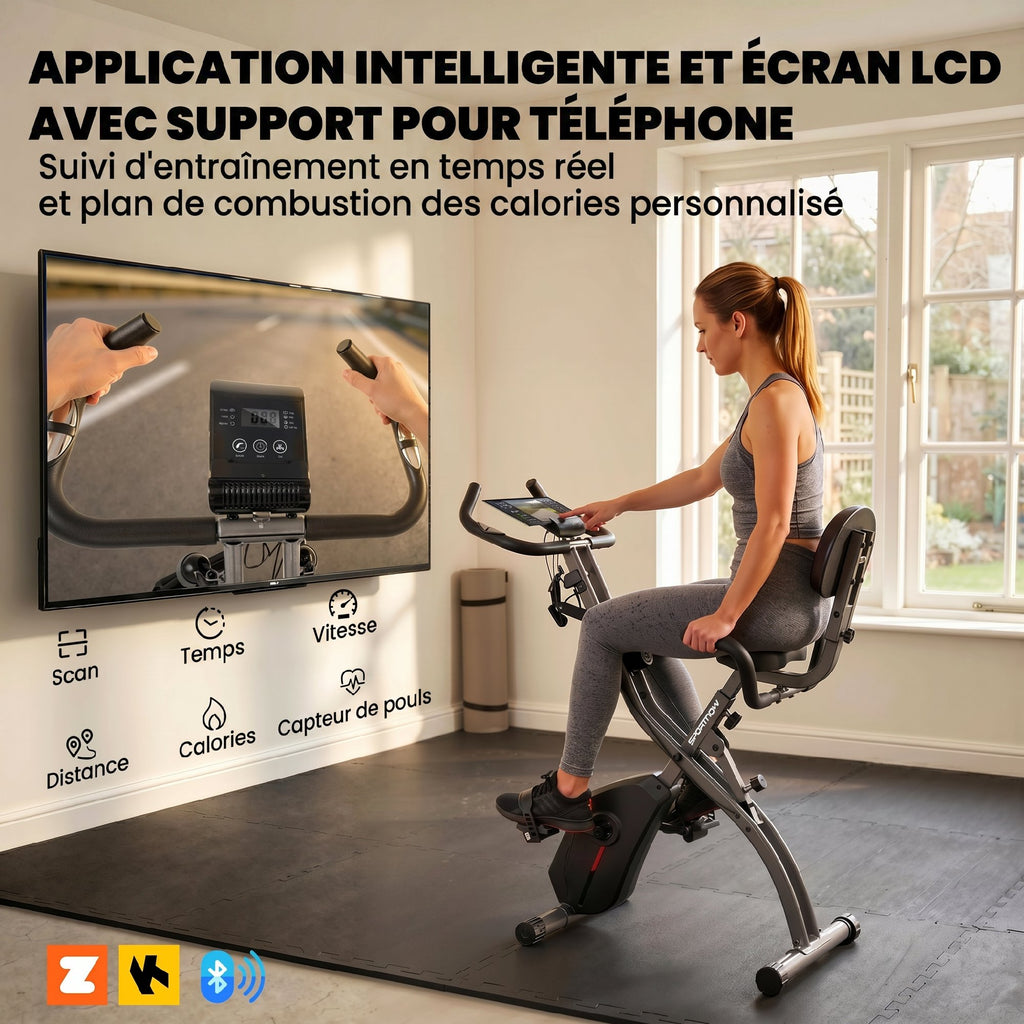 Vélo d'Appartement Pliable Vélo de Fitness 4 en 1 Silencieux Connecté Kinomap Bluetooth et Zwift 105x53,5x109cm Noir-4