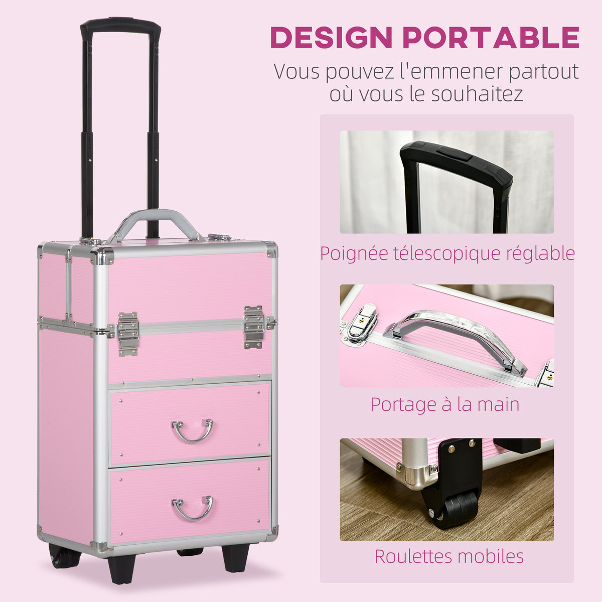 Valise trolley maquillage mallette cosmétique vanity poignée télescopique réglable 36L x 23l x 58H cm alu ABS rose-4