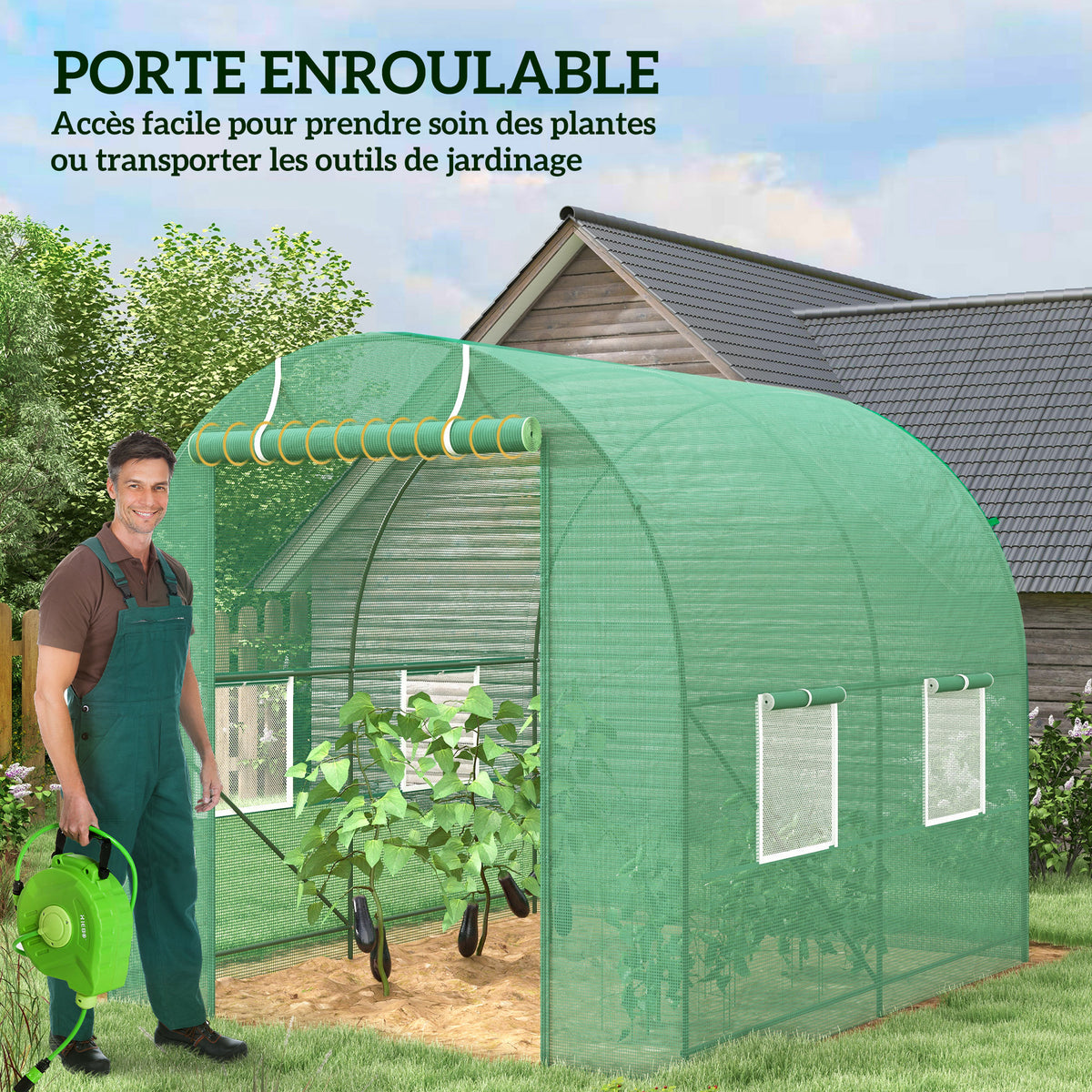 Serre de Jardin Tunnel 5 m² 2,5L x 2l x 2H m Acier renforcé Ø 1,8 cm + PE Haute densité 140 g/m² fenêtres Vert-4