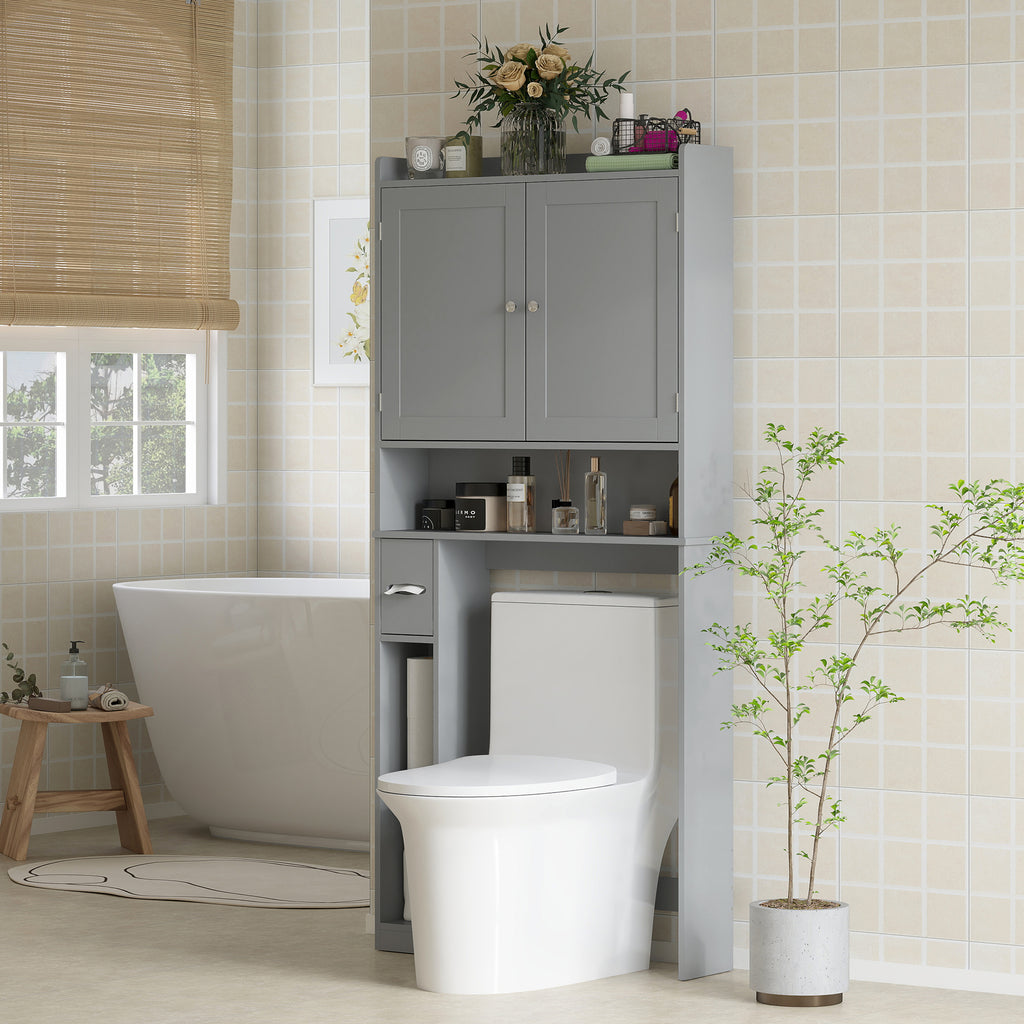 Meuble WC dessus de toilette ou machine à laver, 2 portes, 3 compartiments, porte-papier toilette, 80x19,5x170cm, gris-1