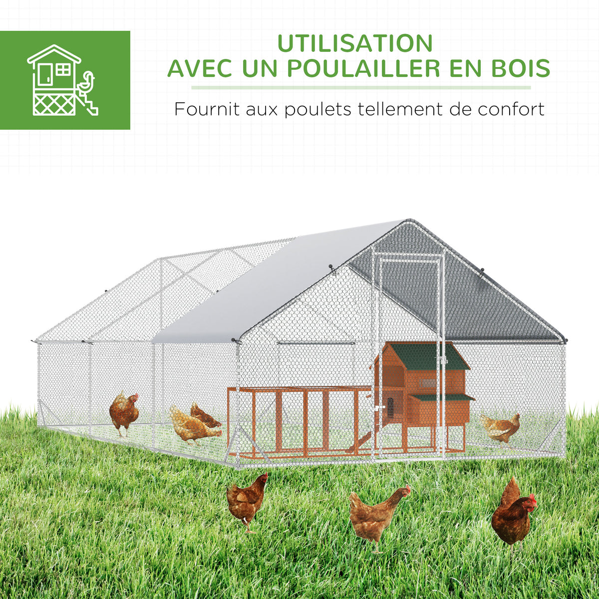 Enclos poulailler chenil volière extérieur 18 m² - Parc grillagé dim. 6L x 3l x 2H m Acier galvanisé-4