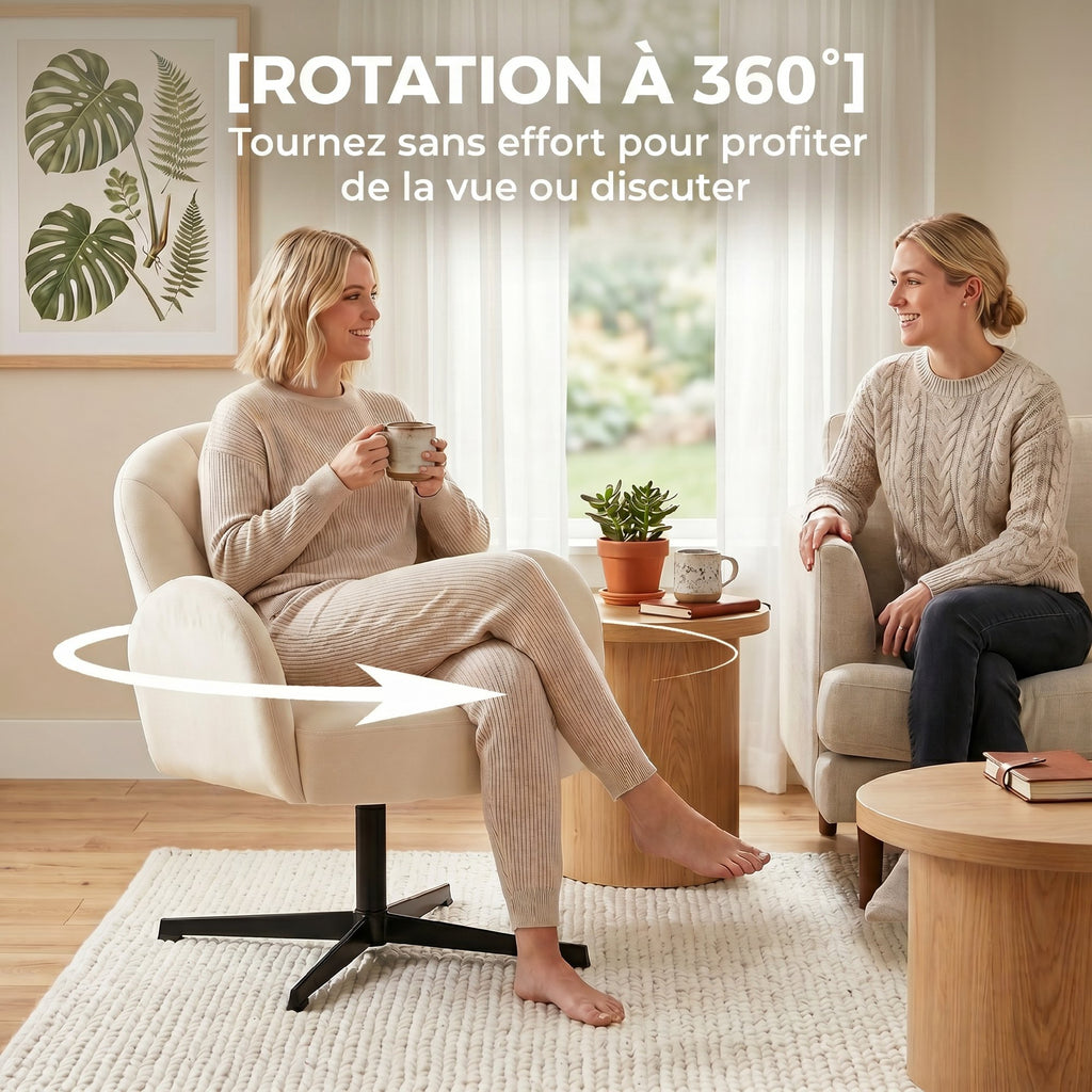 Fauteuil salon pivotant fauteuil d'appoint rembourré en velours dossier en forme de coquille coussin à ressorts beige-4