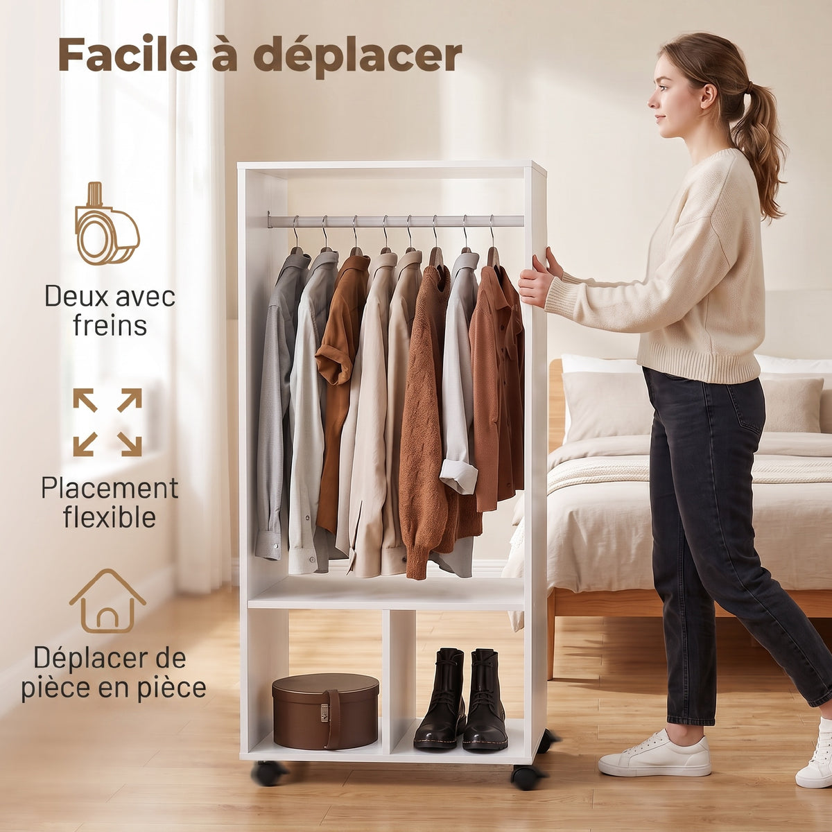 Armoire penderie étagère 2 niches 4 roulettes pivotantes dim. 60L x 40l x 128H cm Blanc-4