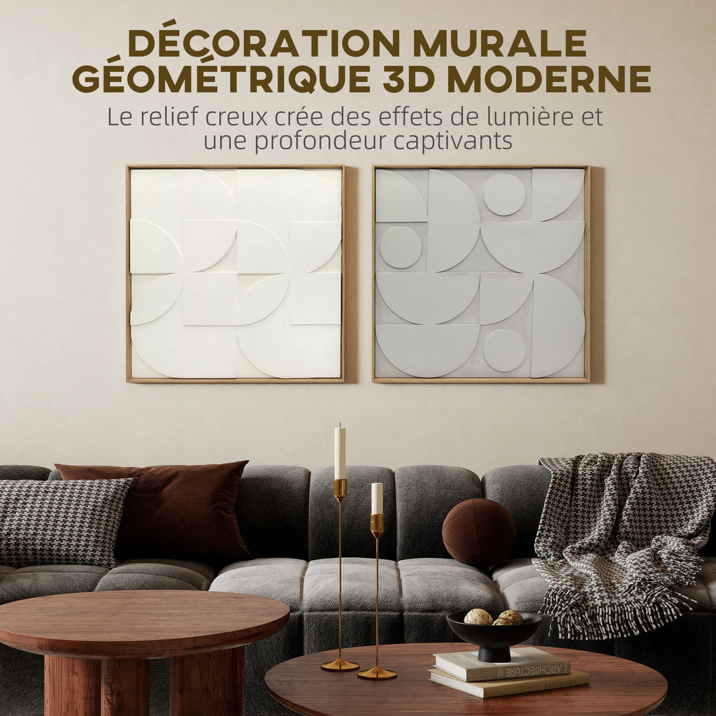 Lot de 2 tableaux abstraits 3D, décoration murale en bois géométrique, pour salon, chambre, bureau, 80 x 80 cm, blanc-3