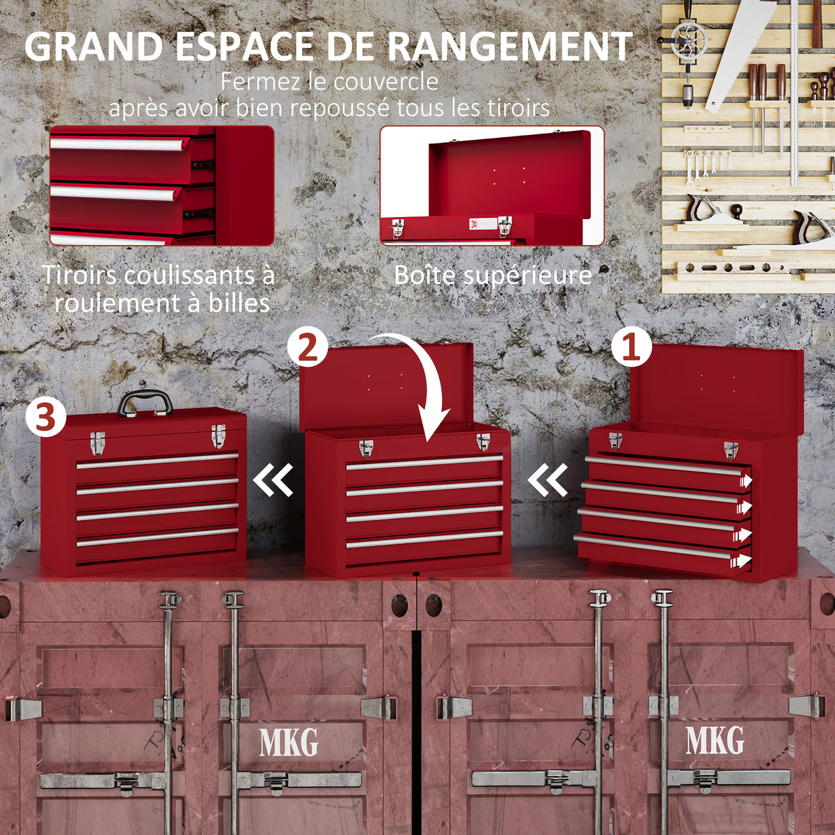 Boite à outils métallique coffret à outils caisse à outils 4 tiroirs + plateau tôle acier 51 x 22 x 39,5 cm rouge-4