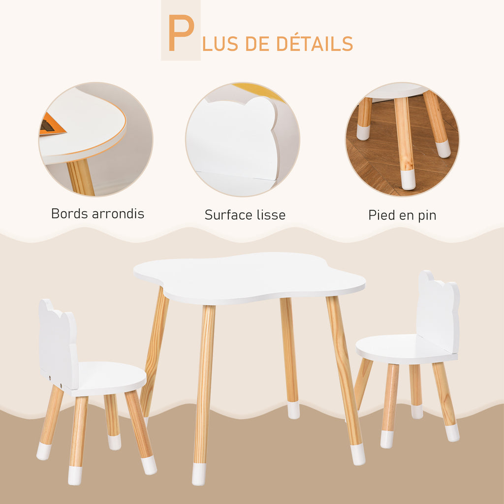 Ensemble table et chaises enfant design scandinave motif ourson bois pin MDF blanc-5