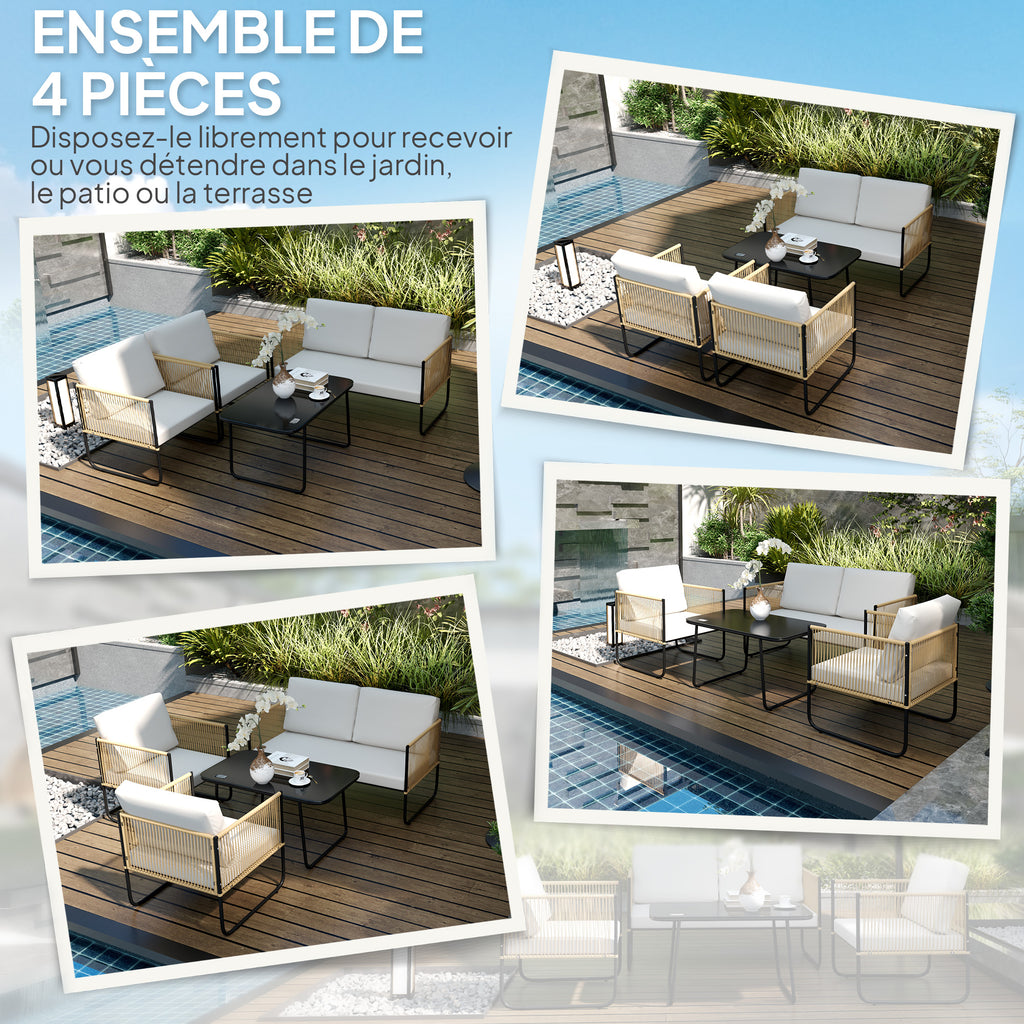 Salon de jardin 4 pièces avec canapé 2 places, 2 fauteuils, 1 table basse en verre et coussins – crème blanc-3