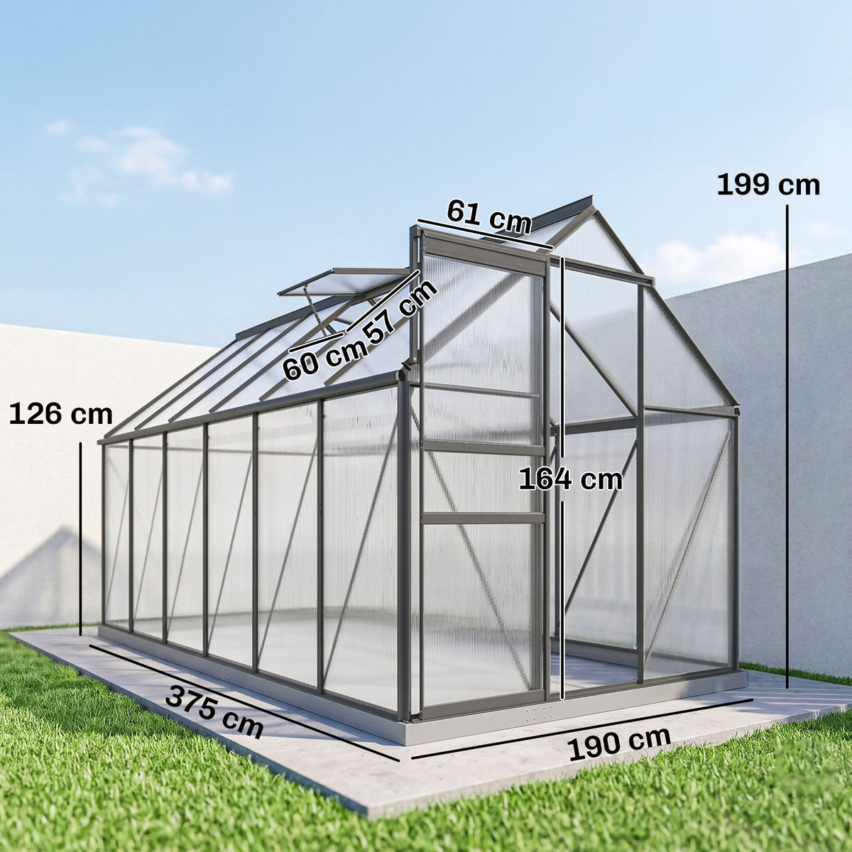 Serre de jardin en aluminium polycarbonate avec fondation, serre avec fenêtre réglable porte coulissante 190x375x199cm-2