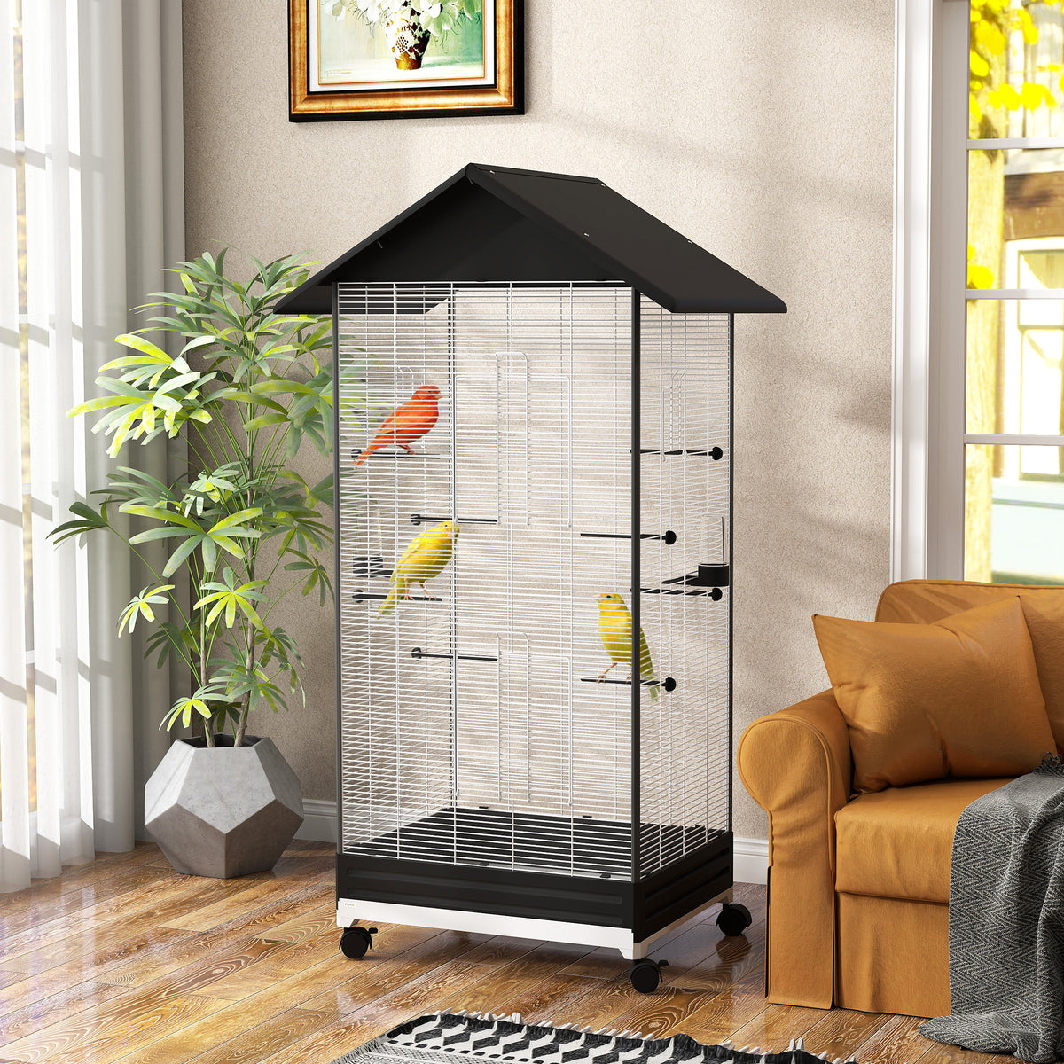 Cage oiseau sur pied volière oiseaux intérieure sur roulettes 2 mangeoires 8 perchoirs 79 x 65 x 155 cm fil d'acier noir-9