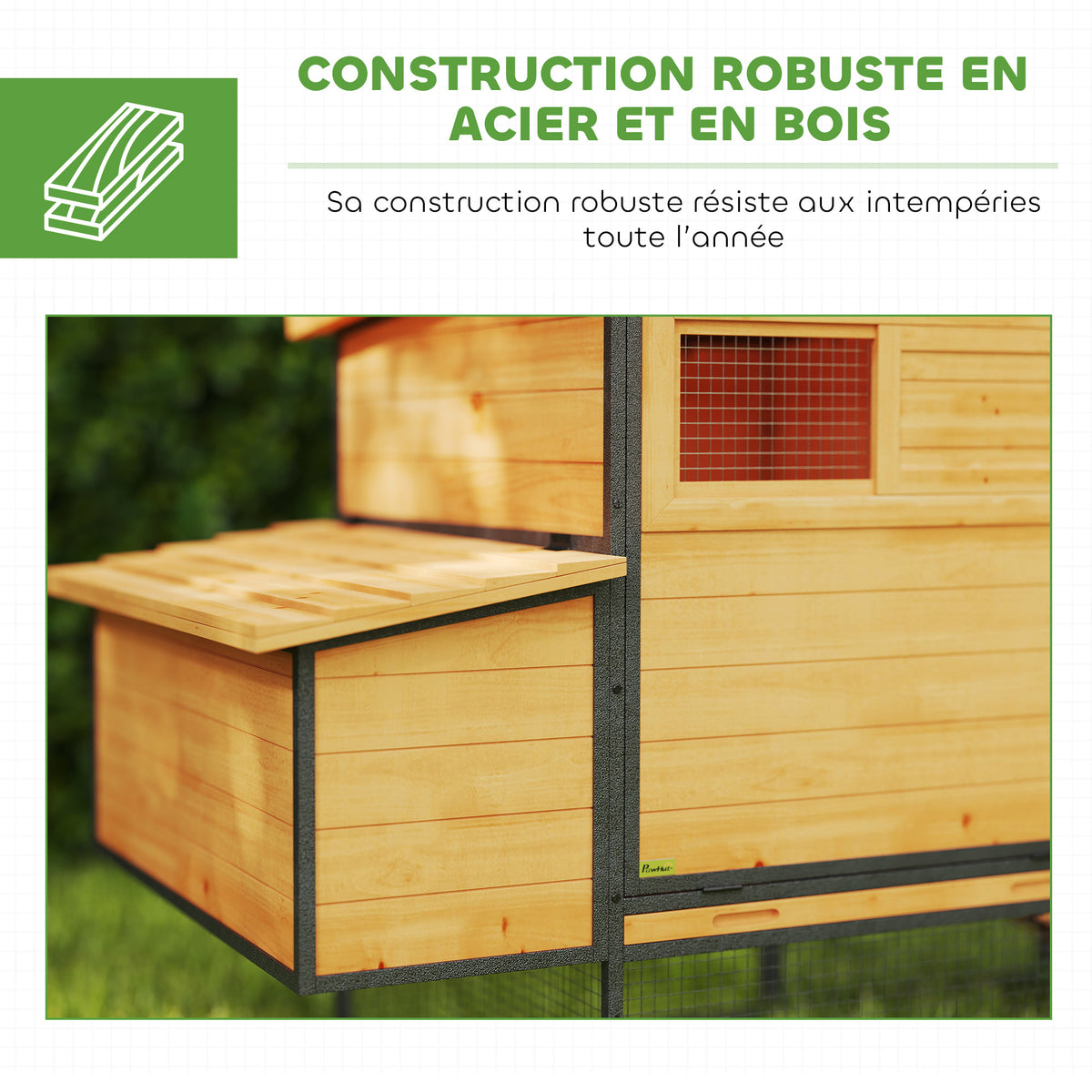 Poulailler cage à poule en bois et acier avec enclos pondoir tiroir à déjection et toit ouvert 192x81,5x104cm orange-4