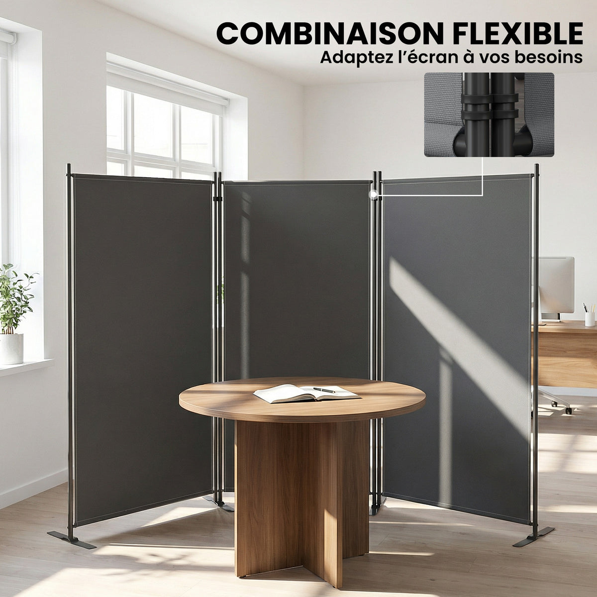 Paravent de Jardin Brise-Vue Extérieur 3 Volets Occultant Pieds en Métal Stable 260x180cm Gris Foncé-4