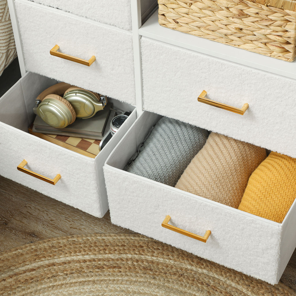 Commode 8 tiroirs en tissu bouclette, meuble de rangement avec 2 prises de courant, structure en acier 110x30x76cm crème-8