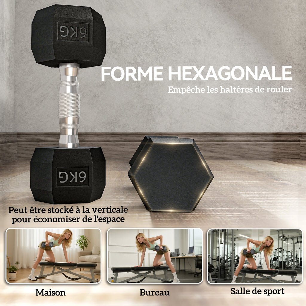 Ensemble d'haltères courtes, lot de 2 haltères hexagonaux recouverts de caoutchouc, acier noir-5