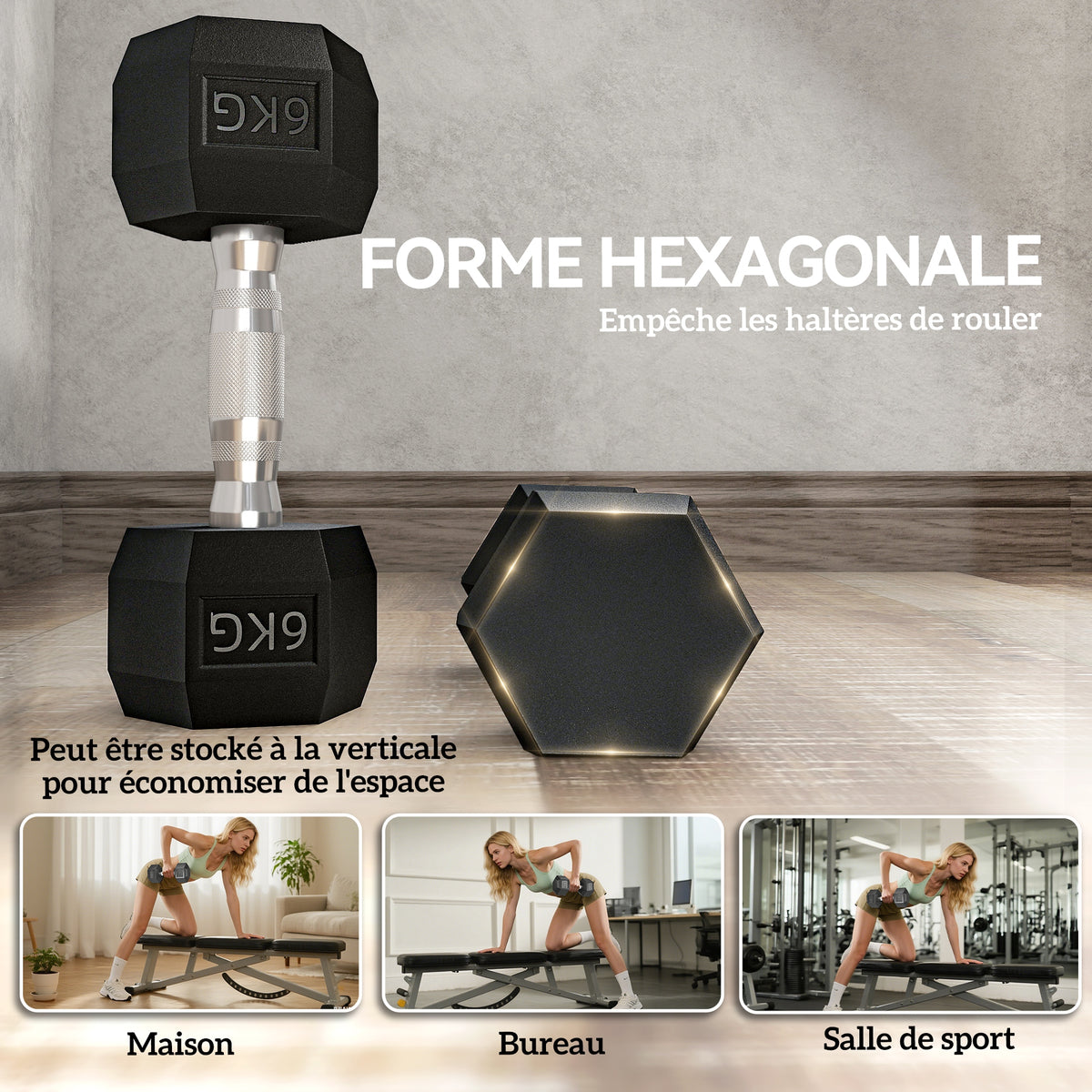 Ensemble d'haltères courtes, lot de 2 haltères hexagonaux recouverts de caoutchouc, acier noir-5
