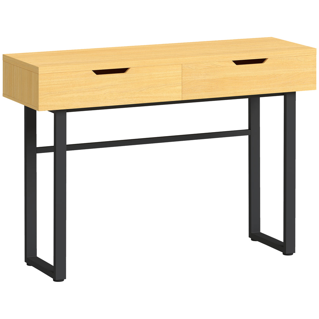 Console meuble 110 cm, table console étroite avec 2 tiroirs, cadre en métal et design sans poignées, bois naturel-0