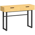 Console meuble 110 cm, table console étroite avec 2 tiroirs, cadre en métal et design sans poignées, bois naturel-0
