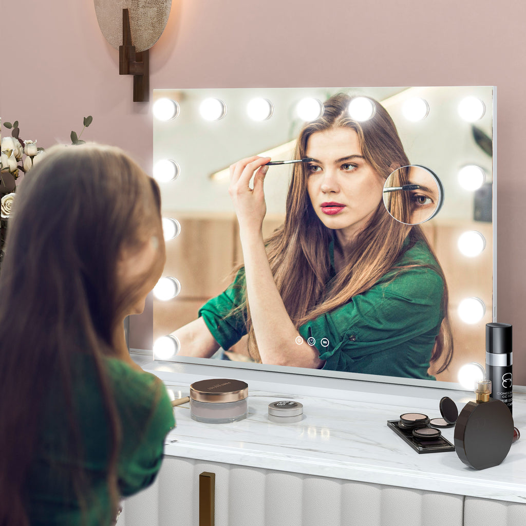 Miroir Maquillage Hollywood 58 x 48 cm, Miroir Coiffeuse LED, 15 Ampoules, 3 Modes d'Éclairage, Port USB de Charge-9