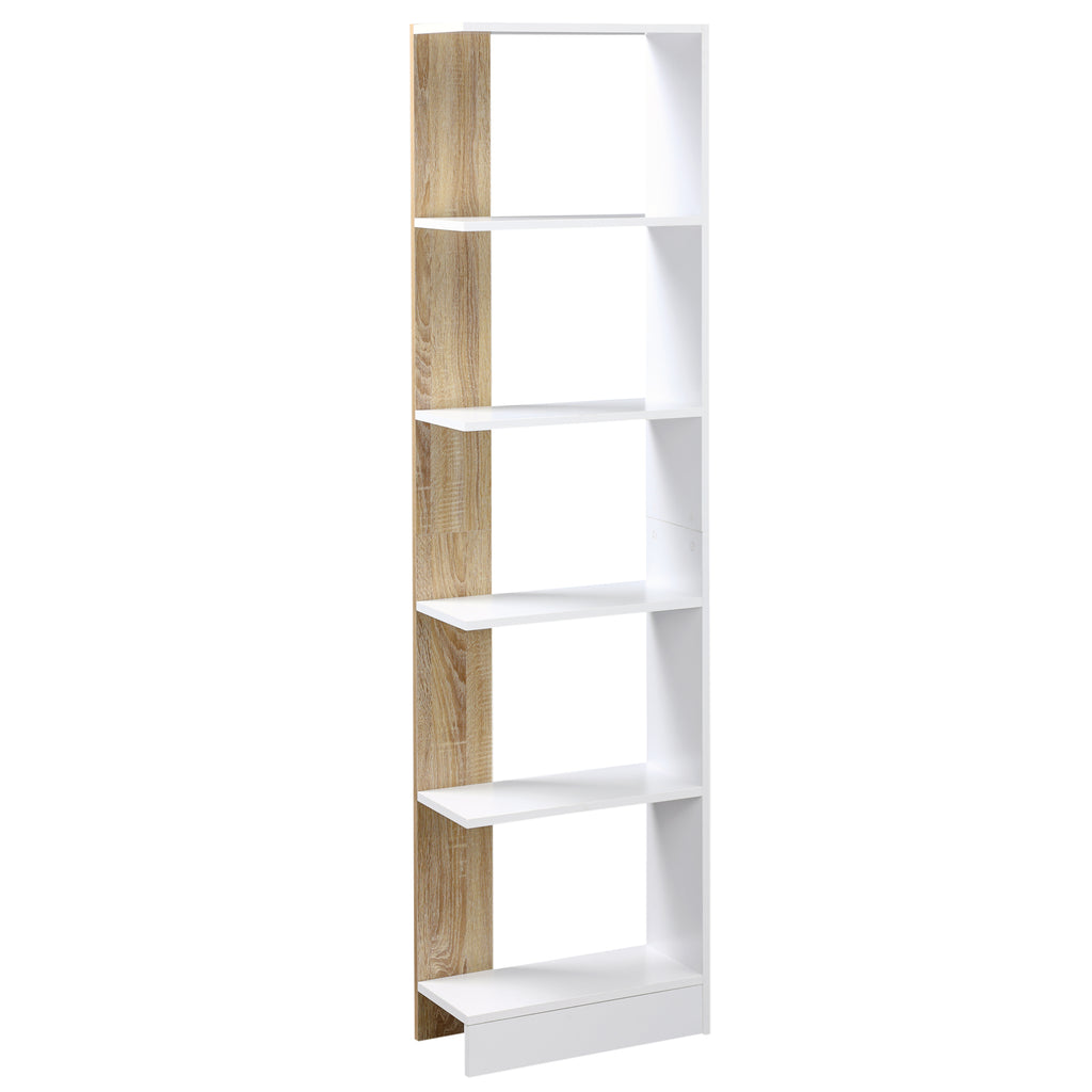 Bibliothèque Étagère de Rangement avec 5 Compartiments Ouverts Design Simple Moderne Blanc et Chêne-0