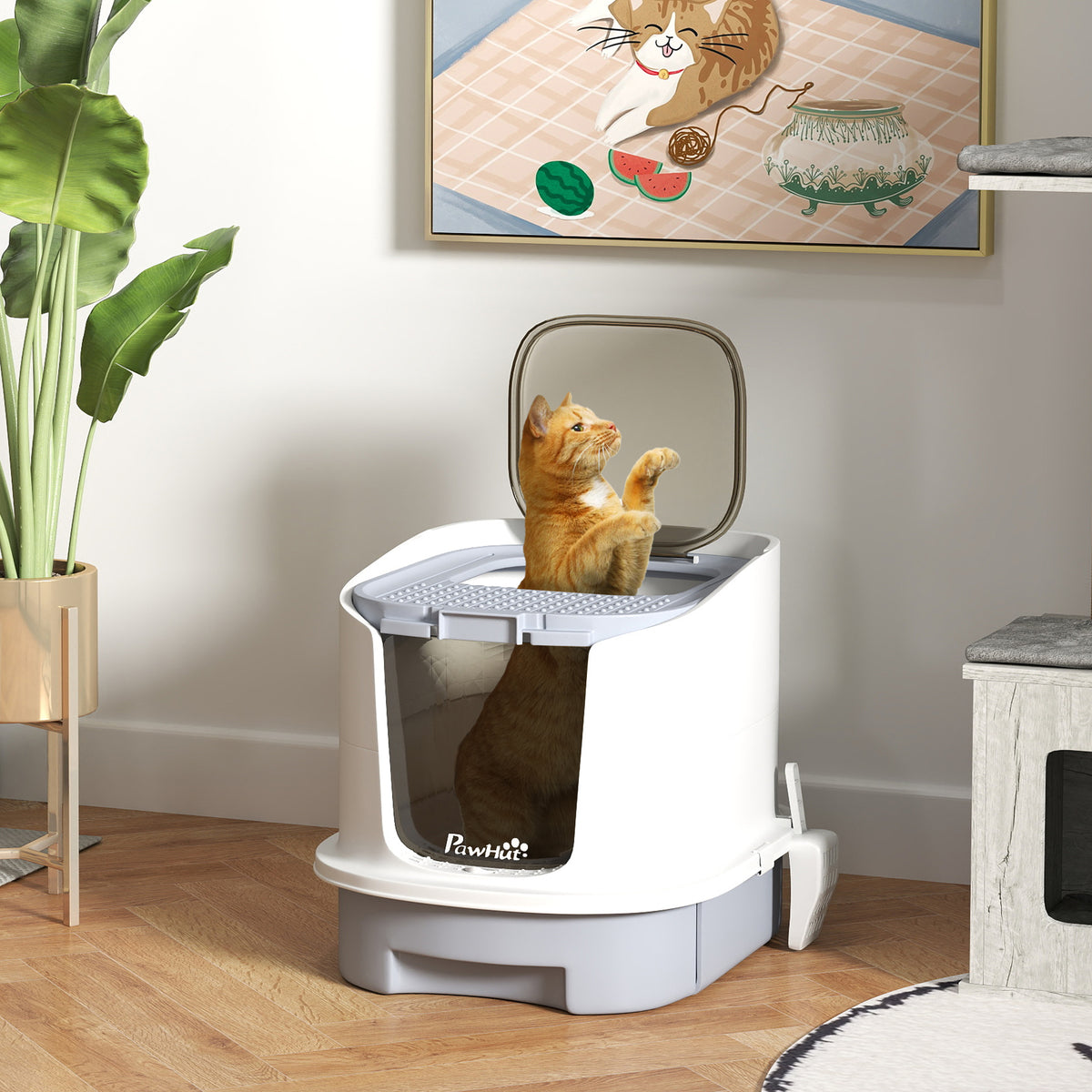 Maison de toilette pour chat bac à litière fermé chat avec porte translucide pelle incluse 40,5 x 52,5 x 42,5 cm gris-1
