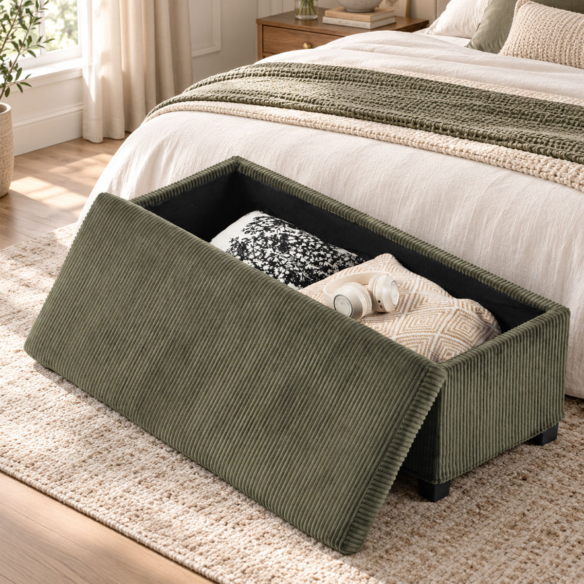 Banc de Rangement, Bout de Lit en Velours Côtelé avec Couvercle, pour Salon, Chambre, Entrée, 112x42x40 cm, Vert Clair-9