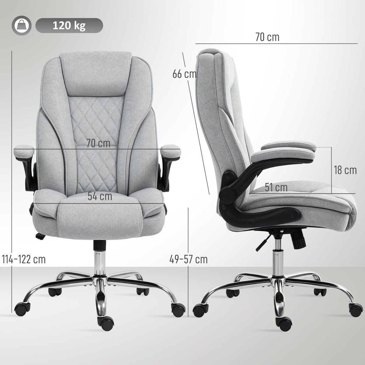 Fauteuil de bureau, chaise bureau ergonomique, hauteur réglable, accoudoirs relevables, 70 x 70 x 114-122 cm, gris-2