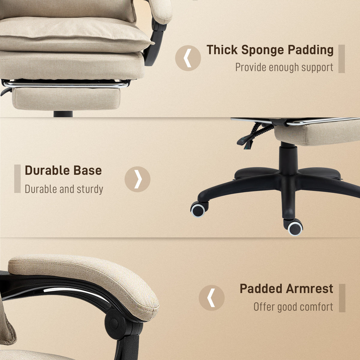 Fauteuil de bureau massant avec hauteur réglable, dossier inclinable, repose-pied intégré et télécommande filaire beige-7