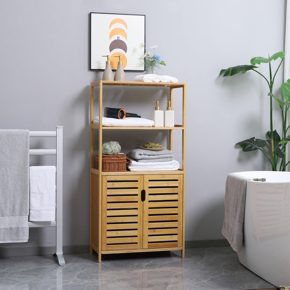 Meuble salle de bain en bambou, armoire salle de bain sur pied, 2 étagères ouvertes et double porte à lattes, naturel-1