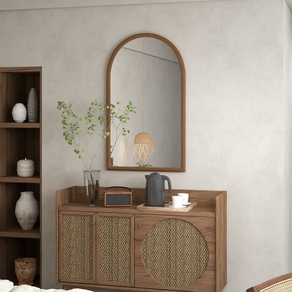 Miroir mural arche, 110 x 65 cm Cadre en bois, Miroir arqué pour le salon, la chambre, l'entrée, brun foncé-1