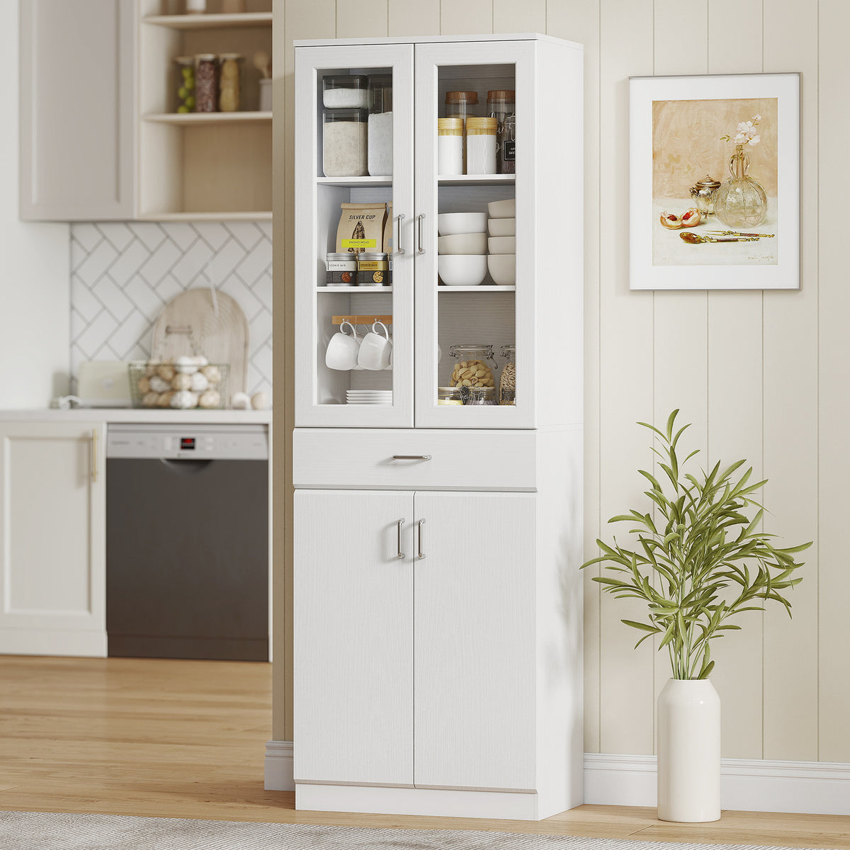 Buffet haut cuisine, armoire de cuisine, 4 portes dont 2 en verre, tiroirs, étagères réglables, 60x35x180cm, blanc-9