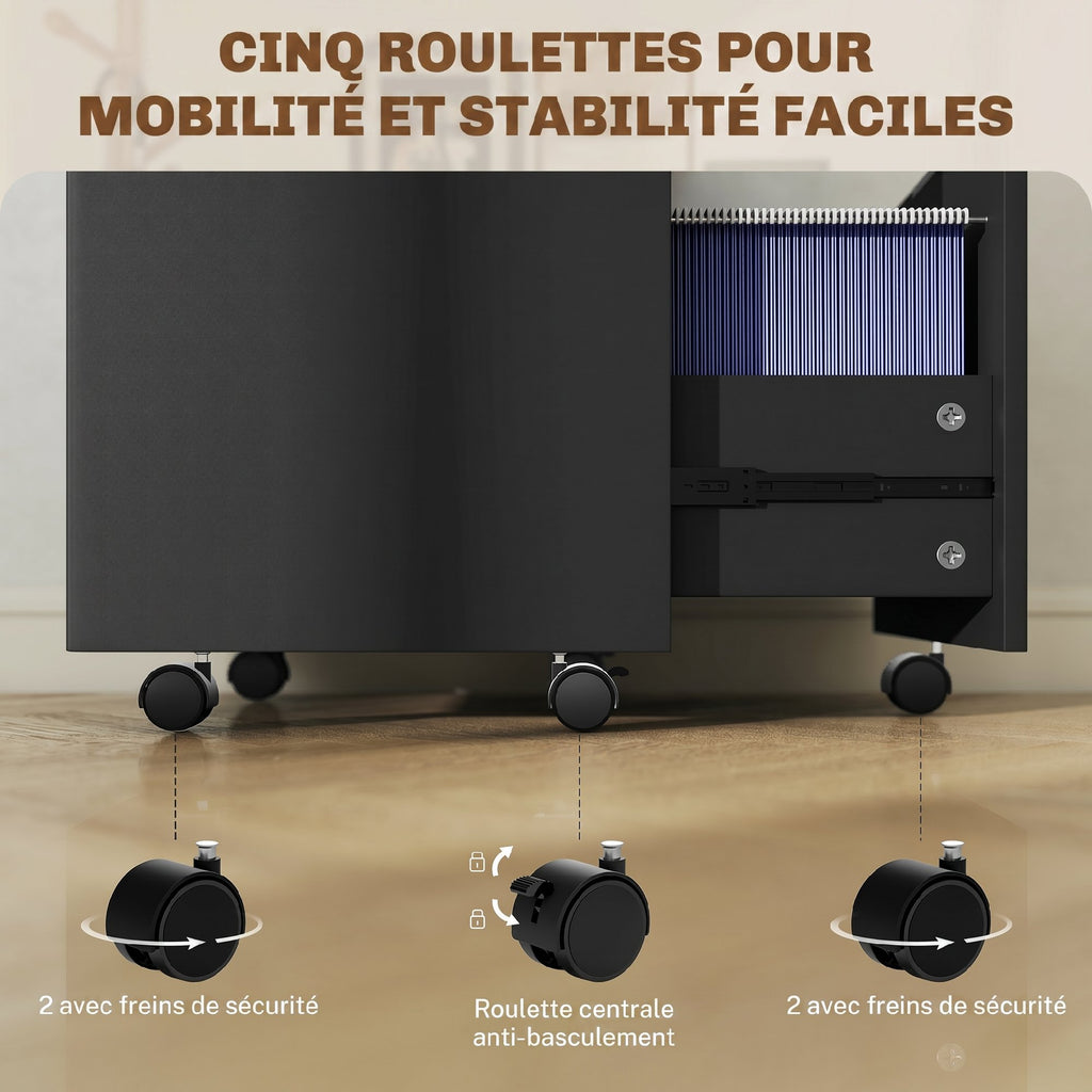 Caisson de bureau, meuble de rangement 2 tiroirs 2 barres pour dossier suspendu, verrouillable avec 2 clés 42x40x60 cm-6