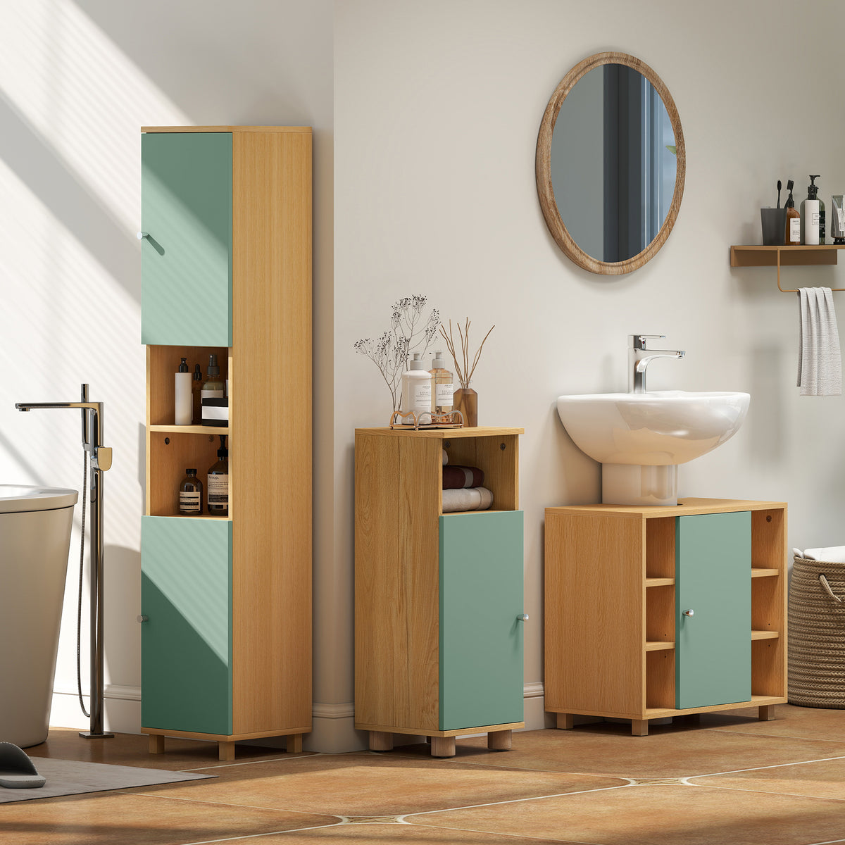 Meuble de salle de bain meuble de rangement 2 placards 2 compartiments ouverts étagères réglables 30 x 30 x 166 cm, vert-7