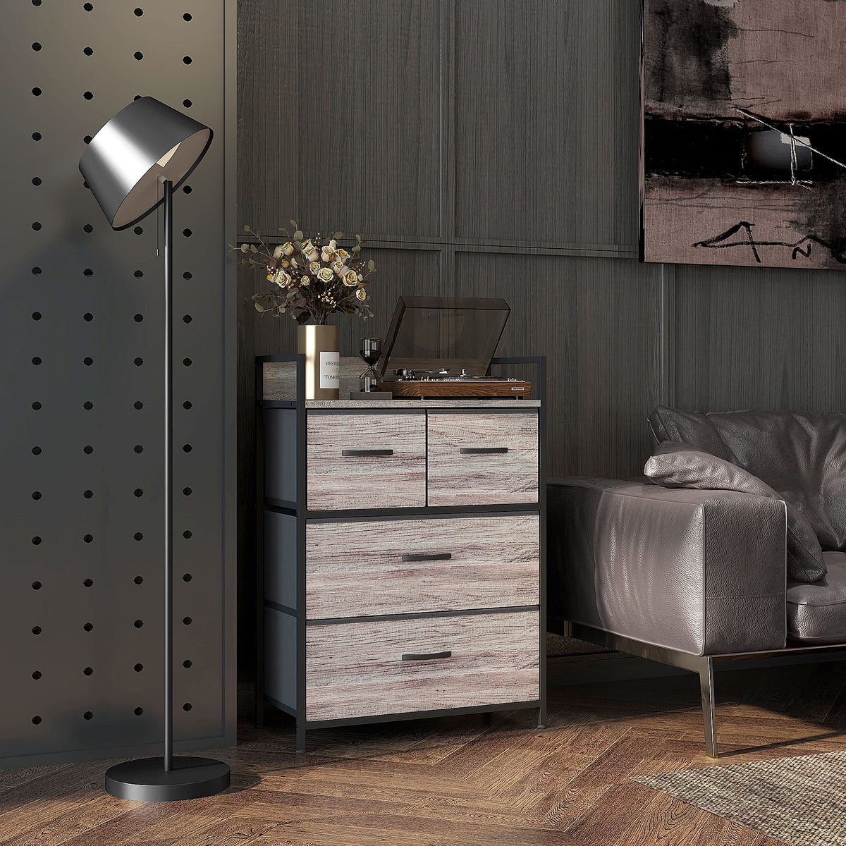 Meuble de rangement style industriel commode 4 tiroirs en tissu pliables et amovibles et 1 étagère 60 x 29 x 85 cm gris-1