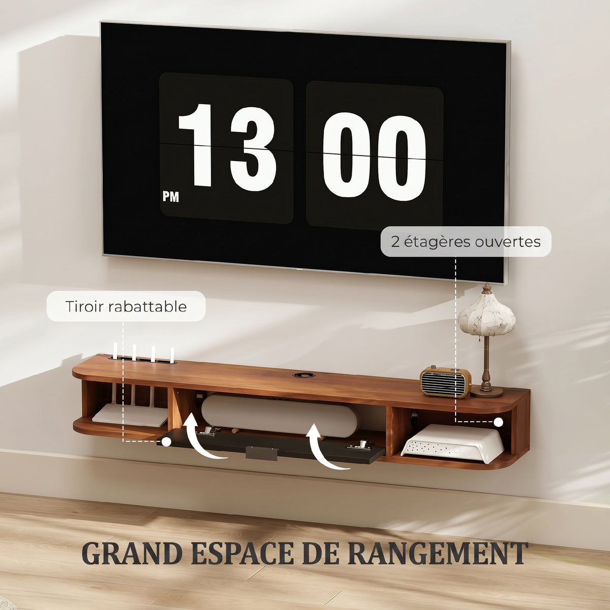 Meuble TV Suspendu, Meuble Télé pour Téléviseur jusqu'à 50 Pouces, Tiroir Rabattable, 2 Étagères, 120x24x16cm, Noyer-4