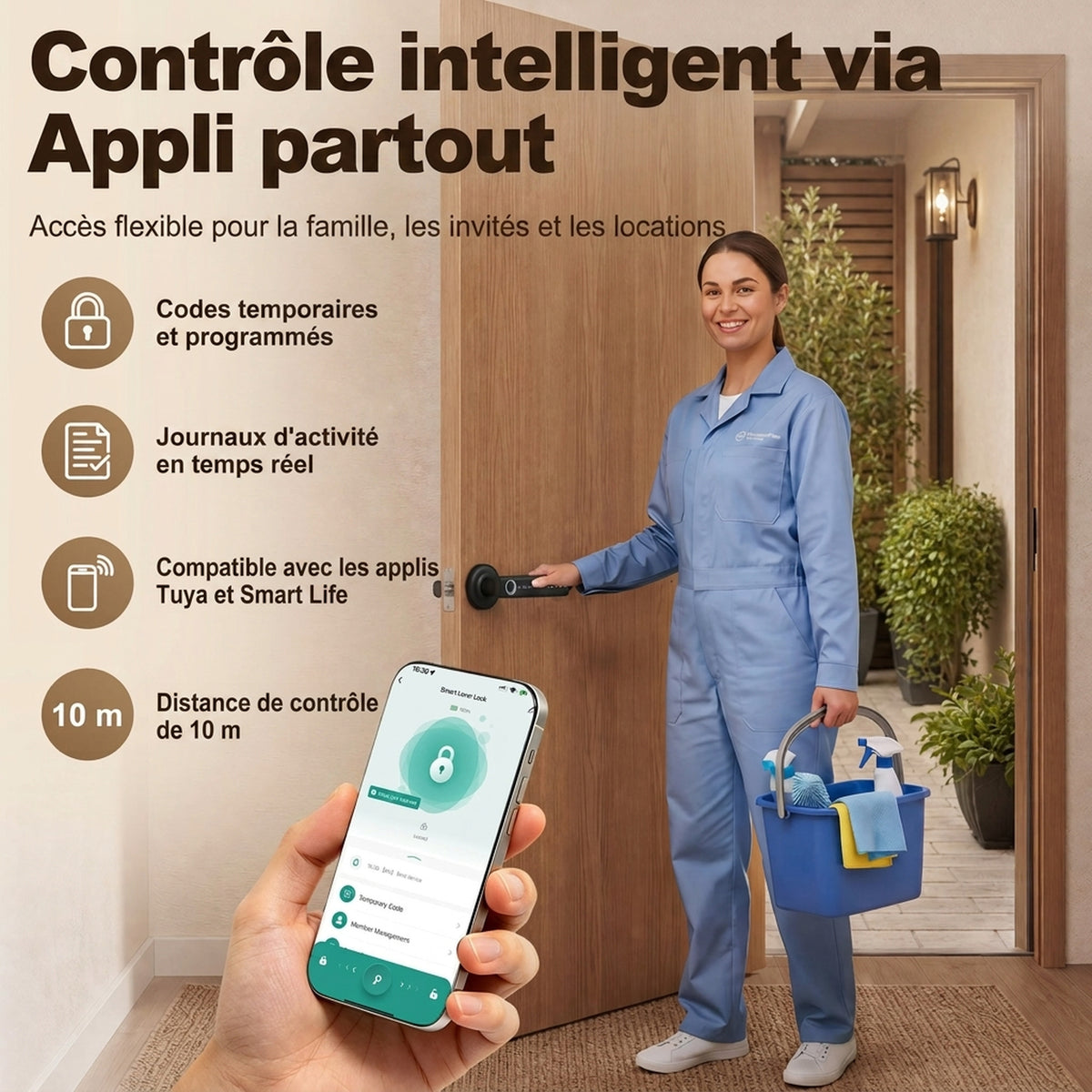Serrure de Porte Intelligente, 5 Accès par Empreinte, Code, Carte NFC, Application Tuya/Smart Life et Clé, Noir-5
