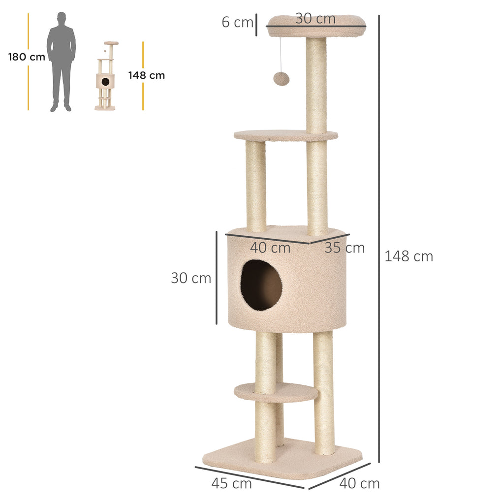 Arbre à chats avec griffoir arbre à grimper pour chat niche et plate-formes peluche haute densité 148 cm beige-2