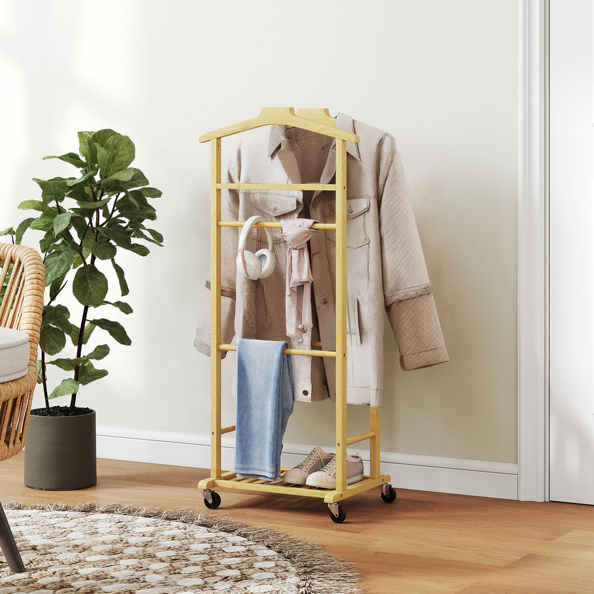 Portant à vêtements sur roulettes, porte-manteaux en bambou, double cintre intégré, 47 x 33,7 x 105,5 cm, bois naturel-1