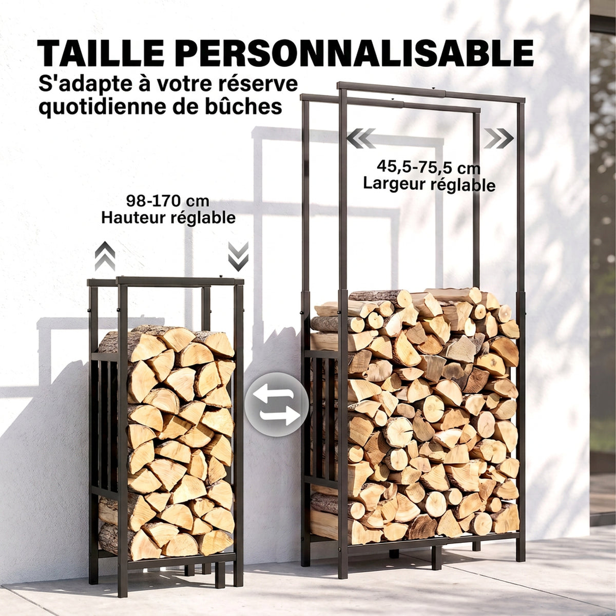 Range Bûches en Acier, Largeur & Hauteur Réglables, Étagère pour Bois de Cheminée, Charge 100 kg, 75,5x25x170cm, Noir-3
