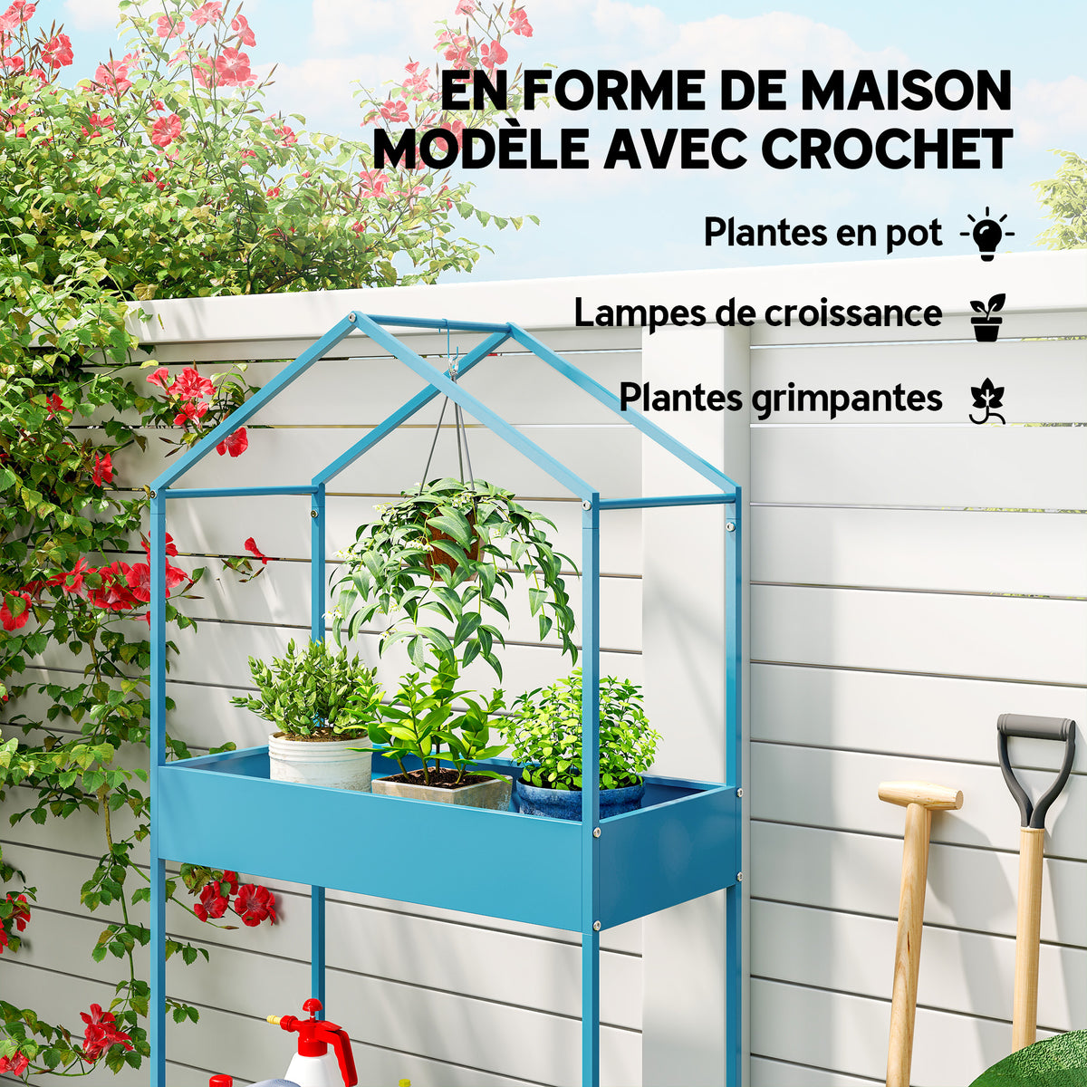 Étagère à Plantes 2 Niveaux, Support de Plantes en Métal avec Crochet, Porte-Pots en Forme de Maison, Bleu-Vert-3