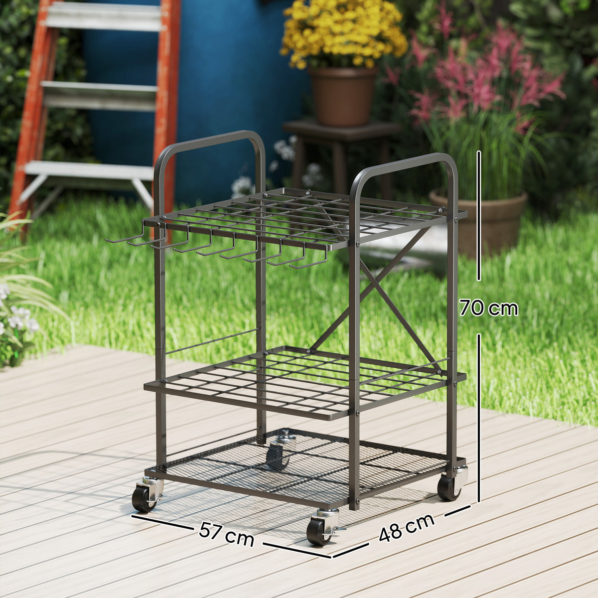 Organisateur d'outils de jardin, support à outils de jardin 40 compartiments à 2 niveaux avec roues 57 x 48 x 70 cm noir-2