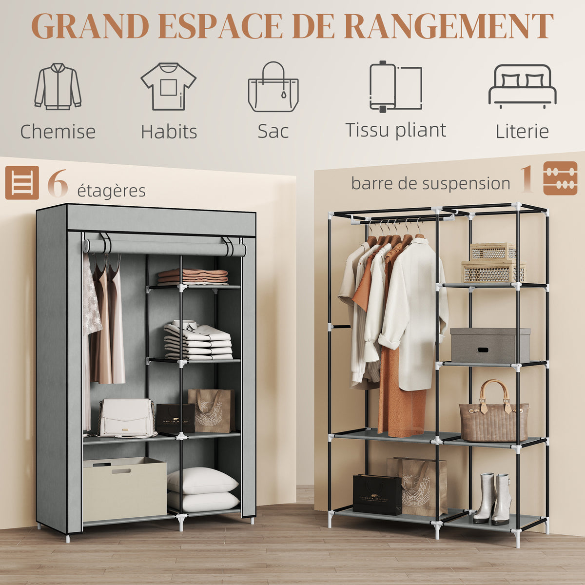 Armoire penderie multi-rangement - 6 étagères, 1 barre - non tissé gris clair-3