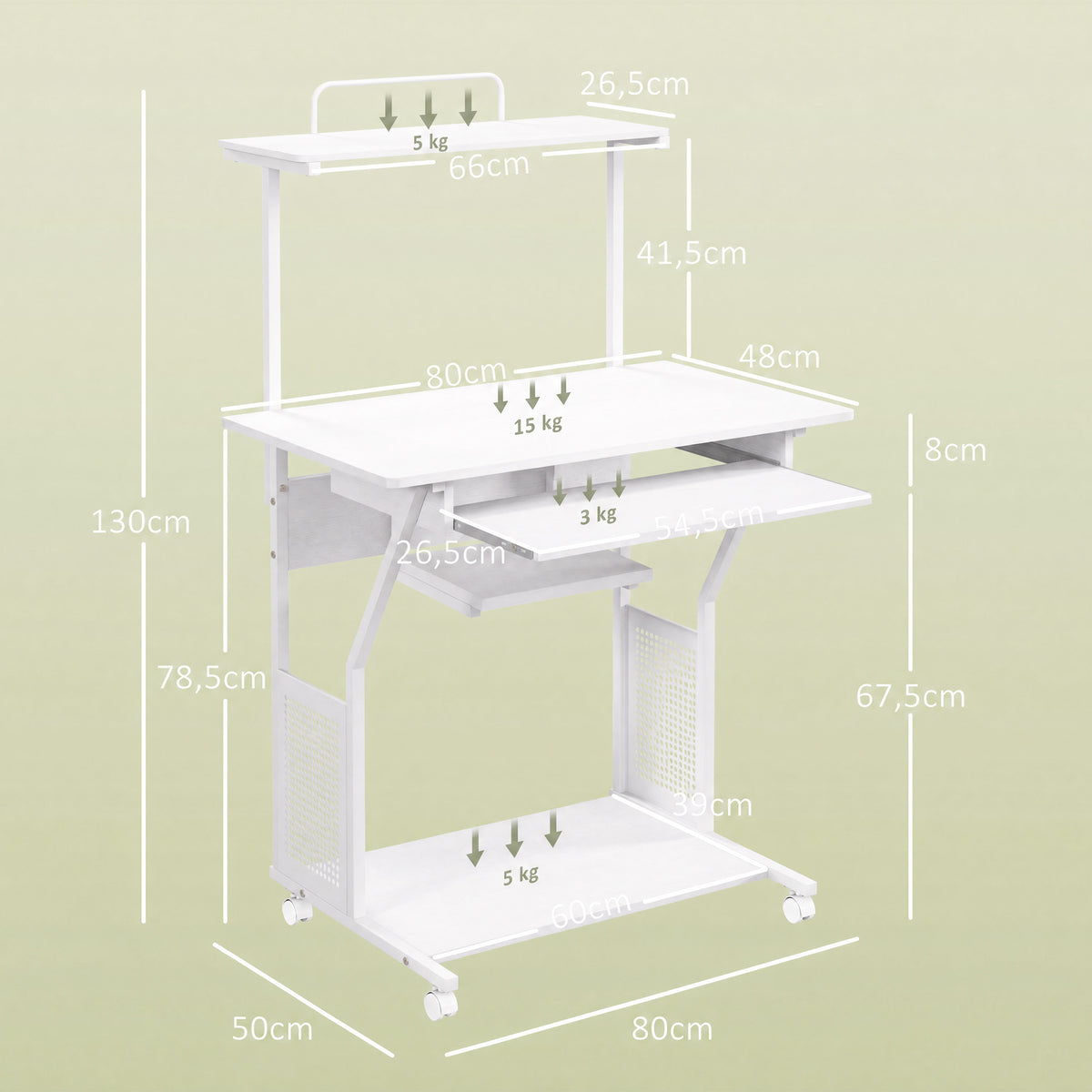 Bureau d'ordinateur roulant avec étagères de rangement, poste de travail et plateau pour clavier, 80x50x130cm, blanc-2