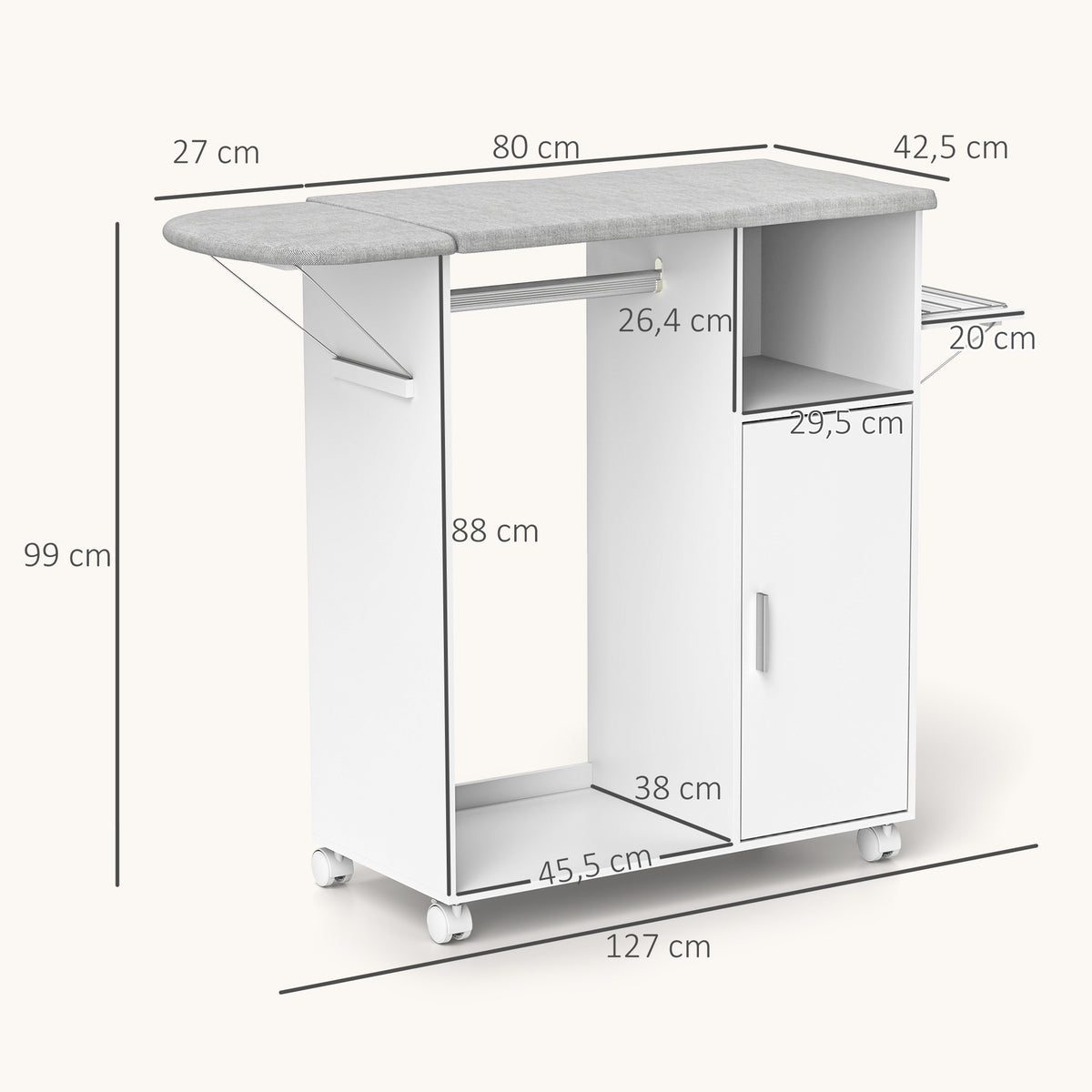 Armoire à repasser sur roulettes, table à repasser pliante, étagère réglable, barre de suspension, 127x42,5x99cm, blanc-2