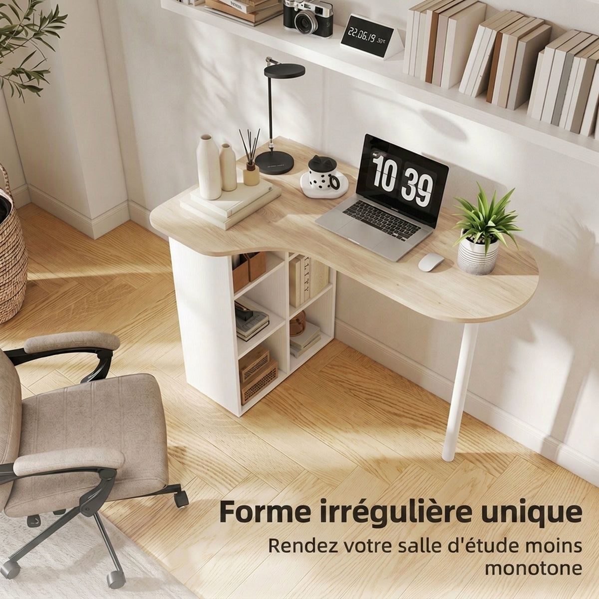 Bureau irrégulier table d'ordinateur 100 x 59 cm avec 6 compartiments, 4 étagères réglables et cadre en acier, chêne-3