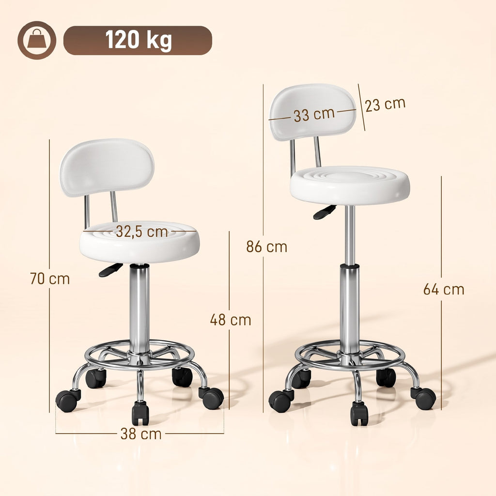 Tabouret à roulettes, tabouret de massage avec hauteur réglable 70-86 cm et dossier, pivotant 360°, blanc-2