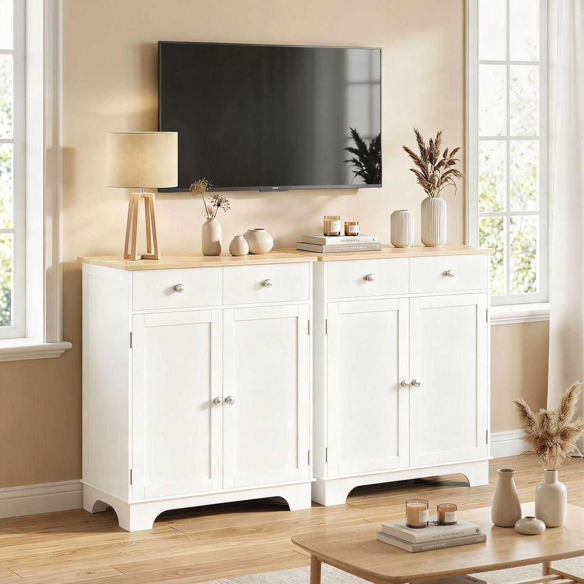 Meuble de rangement buffet salon avec placards à portes, 2 tiroirs et étagère réglable, armoire de rangement pour salon, cuisine, chambre, blanc et bois naturel-7
