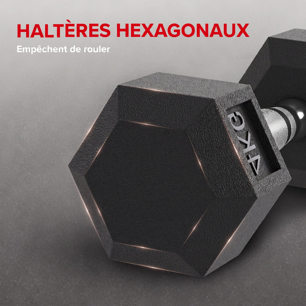 Ensemble d'haltères courtes, lot de 2 haltères hexagonaux recouverts de caoutchouc, acier noir-4