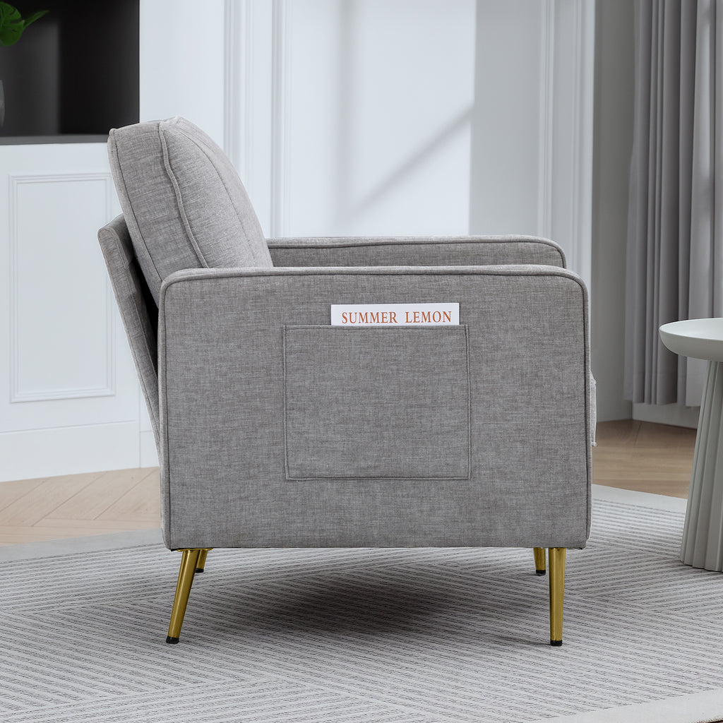 Fauteuil en tissu avec pieds en acier doré, grand confort, pochettes latérales, pour salon, bureau, chambre, gris-6
