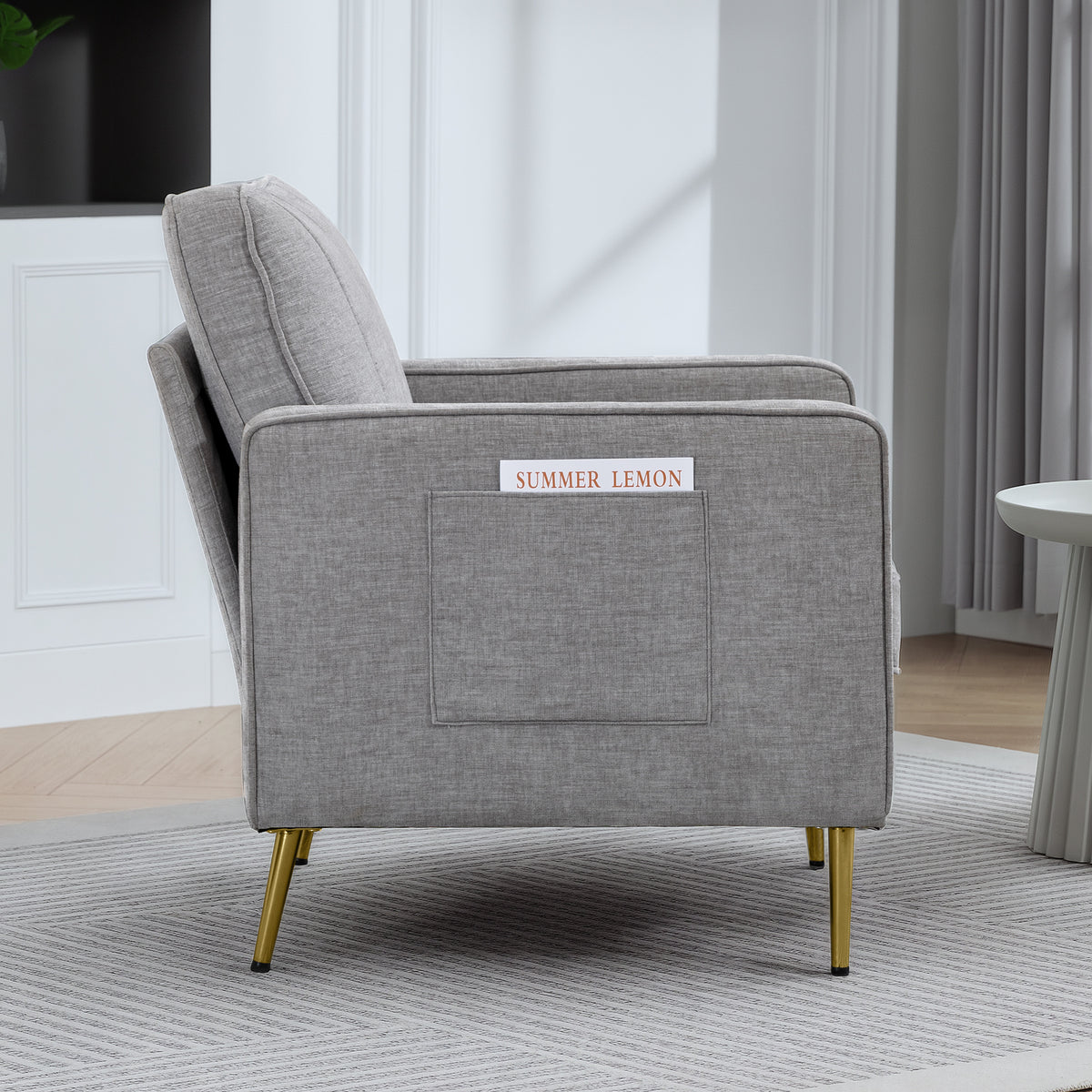 Fauteuil en tissu avec pieds en acier doré, grand confort, pochettes latérales, pour salon, bureau, chambre, gris-6