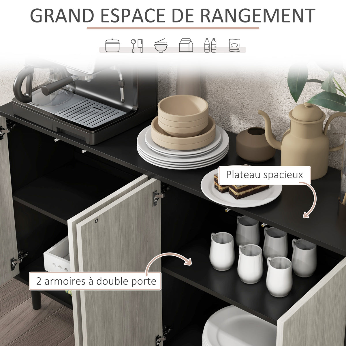 Buffet de cuisine meuble de rangement 2 placards avec étagères réglables, 121 x 37 x 75 cm, noir et aspect bois gris-3